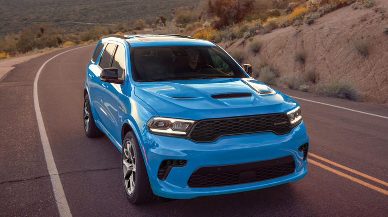 Front 3/4 view of a blue 2026 Dodge Durango