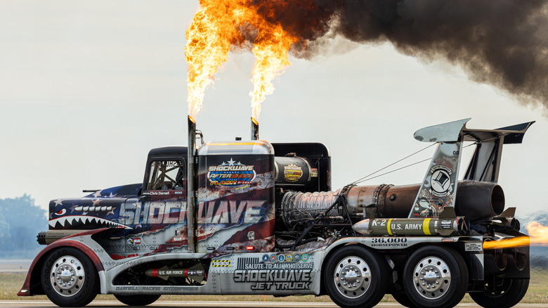 Shockwave jet truck shooting flames from its exhausts
