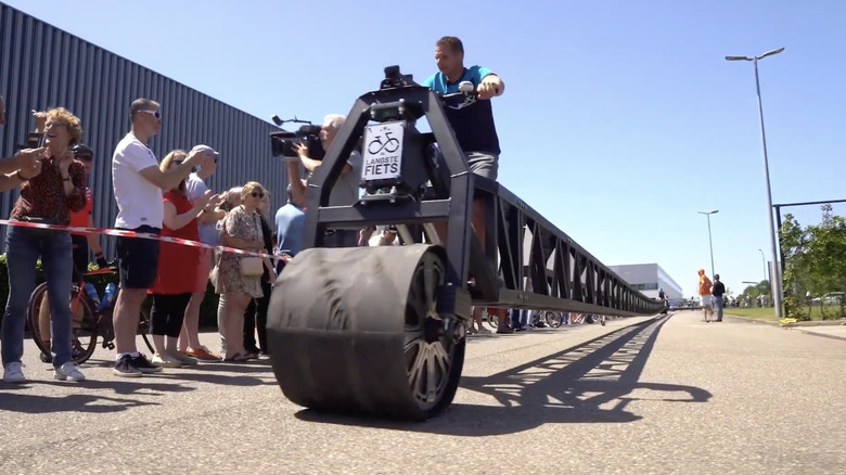 Front 3/4 view of the world's longest bicycle during its official Guinness World Record run