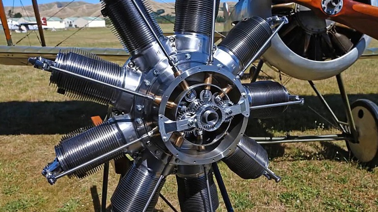 A Gnome rotary engine sitting in front of a plane
