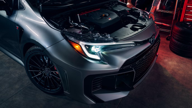 An under-hood shot of a 2026 GR Corolla