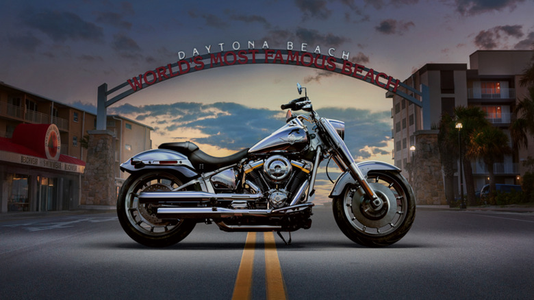 Harley Davidson Fat Boy Gray Ghost parked in Daytona Beach.