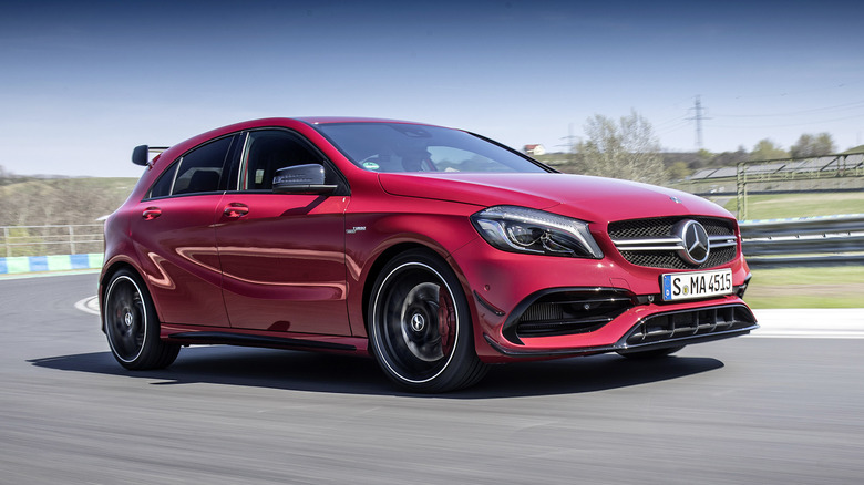 A red Mercedes-AMG A45 S hatchback
