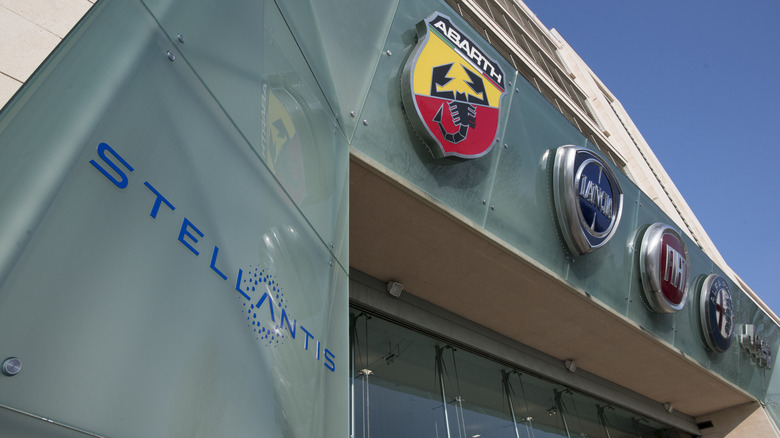 The Stellantis logo astatine nan entranceway to nan Mirafiori mill successful Turin, Italy.