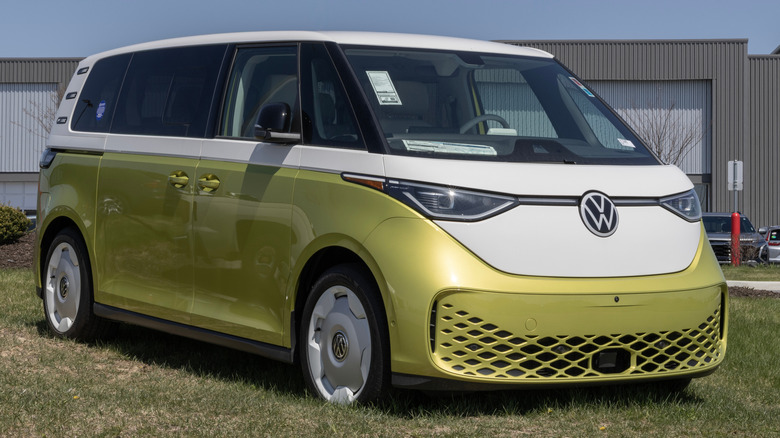 A two tone 2024 Volkswagen ID. Buzz parked