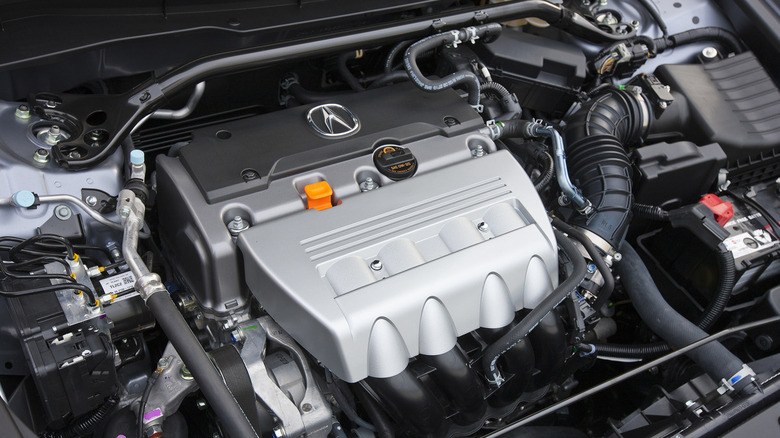 An under-hood shot of a 2011 Acura TX's K24 engine