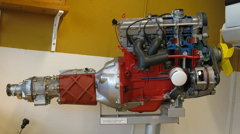 Side shot of Volvo B21 engine and gearbox out of car