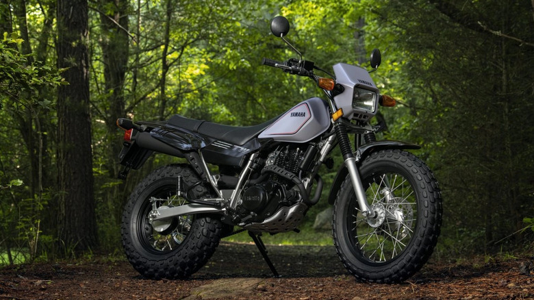 A Yamaha TW200 motorcycle parked in a forest surrounded by green trees
