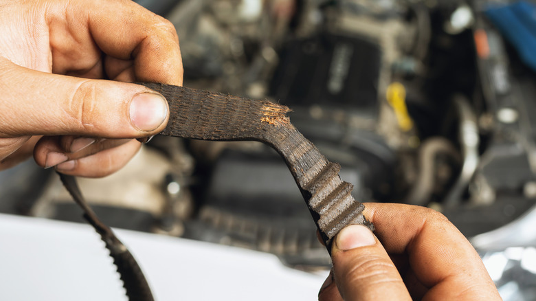 A mechanic holding an old and worn timing belt that needs replacing