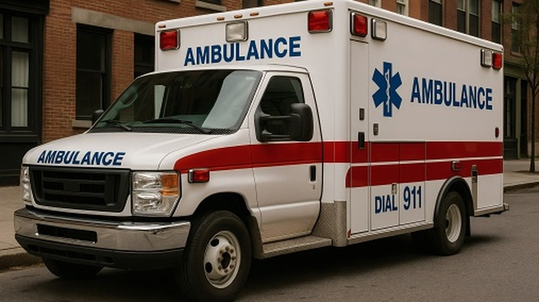 An ambulance sits parked.