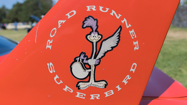 Close up of the Road Runner graphic on a Plymouth Superbird rear-wing stabilizer