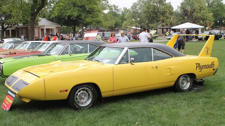 A yellow Plymouth Superbird parked at Greenfield Village in Dearborn, Michigan.