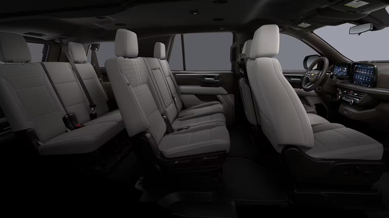 A 2026 Chevrolet Tahoe LS interior showing all three seating rows in gideon color, including a 40:20:40 split front bench