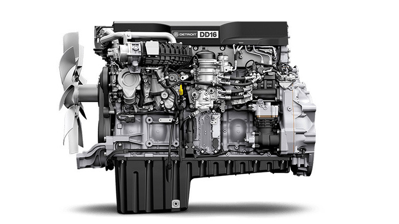 Detroit Diesel DD16 15.6-liter turbocharged semi-truck diesel engine shown from the side on white background