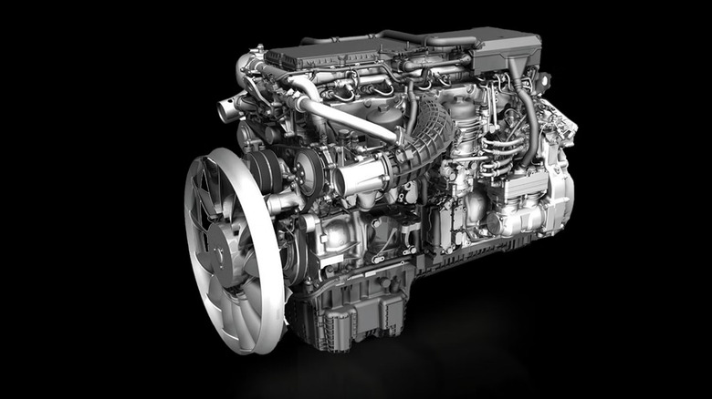 Mercedes-Benz OM 473 15.2 liter inline-6 turbodiesel engine on black background 3/4 view