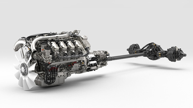 A heavy-duty Scania V8 16.4-liter V8 turbodiesel and transmission layout, isolated on a white background.