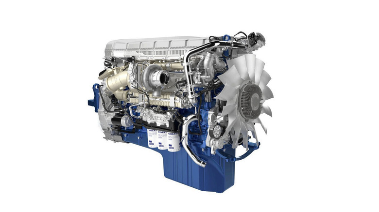 Volvo D17 17.3-liter inline-6 turbodiesel engine with a blue block. The image shows a 4/3 view on white background