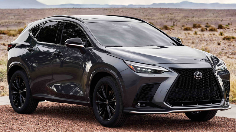 A dark grey Lexus NX 350 F Sport crossover parked on a gravel pad next to a concrete walkway.