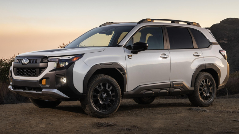 A white Subaru Forester Wilderness model parked on a dirt crest during a soft sunset, featuring black protective body cladding, and black wheels with rugged all-terrain tires.