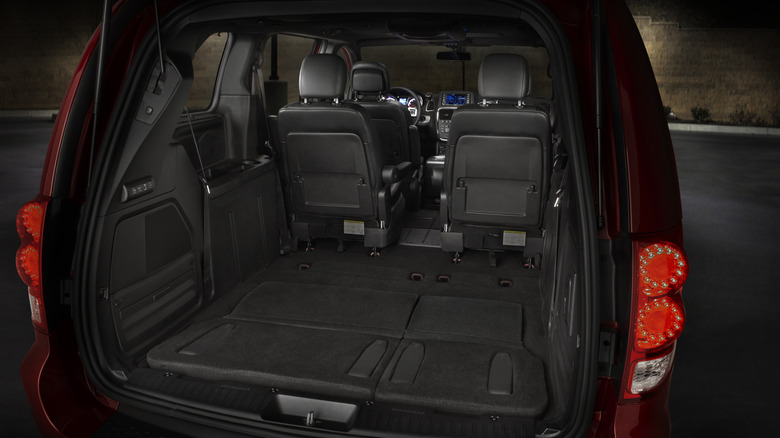 A look in the back of a 2019 Dodge Grand Caravan with its third row folded down