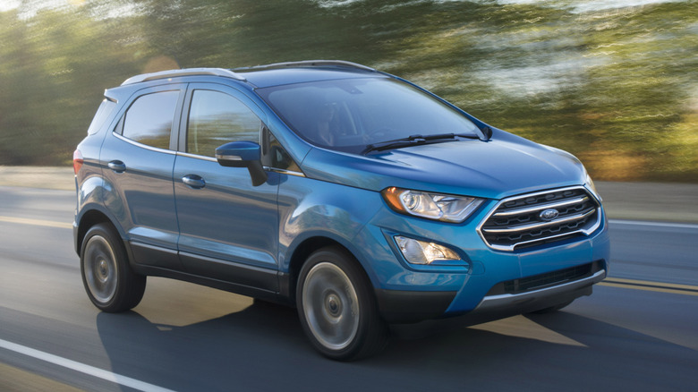 Rolling shot of a blue Ford EcoSport