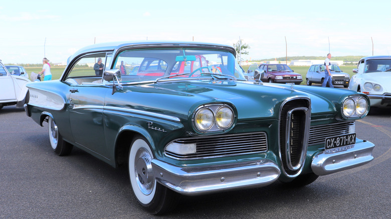 Front-quarter shot of a green and white 1950s Edsel Pacer