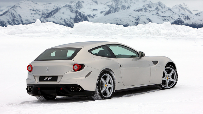 Rear 3/4 view of a silver Ferrari FF
