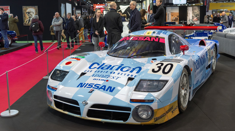 A blue Nissan R390 GT1 race car