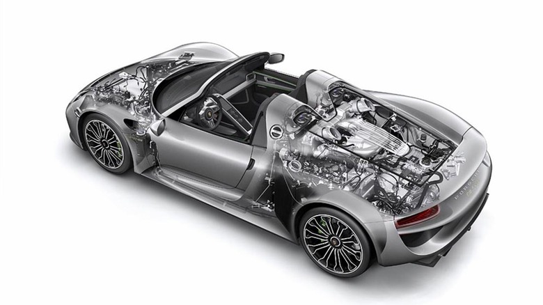 A detailed technical X-ray cutaway illustration of a silver Porsche 918 Spyder hybrid supercar, revealing the exact internal placement of its mid-mounted 4.6-liter V8 engine, top-exit exhaust plumbing, chassis structure, and electric hybrid drivetrain components.