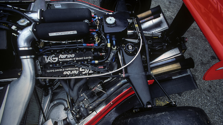 A Porsche TAG TTE P01 engine shown in the McLaren MP4/2 car at the Grand Prix of the Netherlands, Zandvoort,