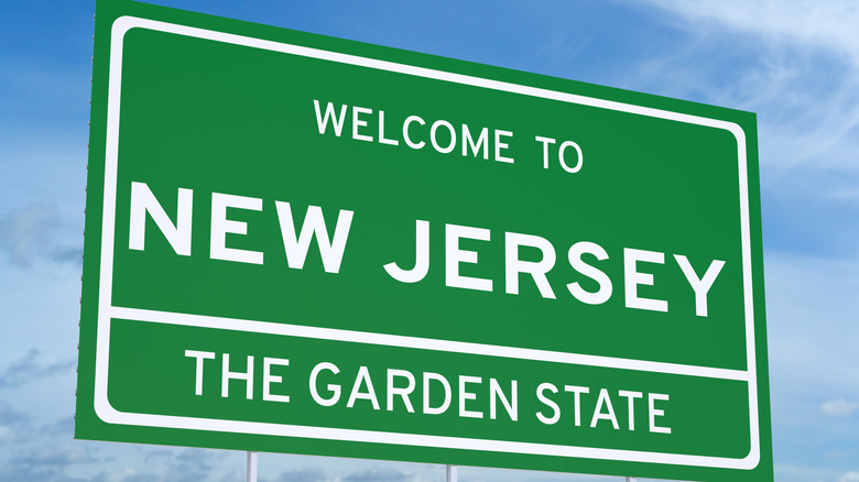 A bluish entity pinch a greenish motion that reads, "Welcome to New Jersey, The Garden State"