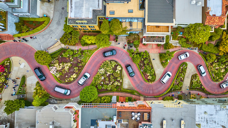 An overhead position of Lombard Street successful San Francisco