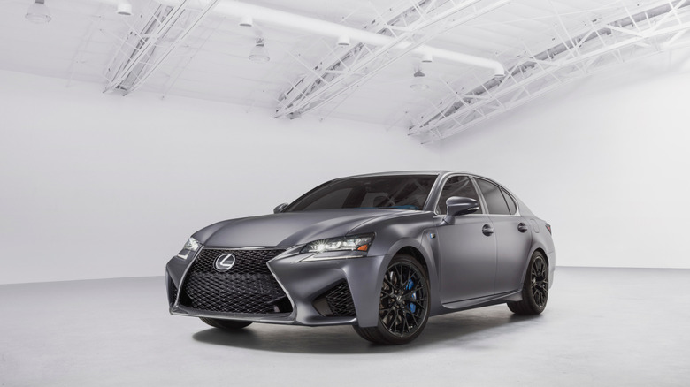 A 2019 Lexus GS F 10th Anniversary Edition pictured in a white industrial unit
