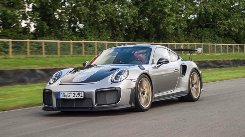 Front three-quarter rolling image of a 2018 Porsche 911 GT2 RS.