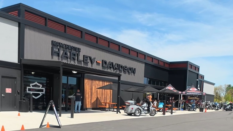 The Manchester Harley-Davidson dealership on a nice spring day.