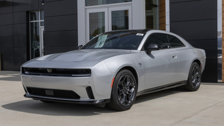 Front 3/4 view of a silver Dodge Charger