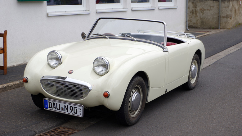 Jun 16, 2019 - Kröv, Germany - white Austin Healey Sprite "Frogeye", front view  by: Berthold Werner