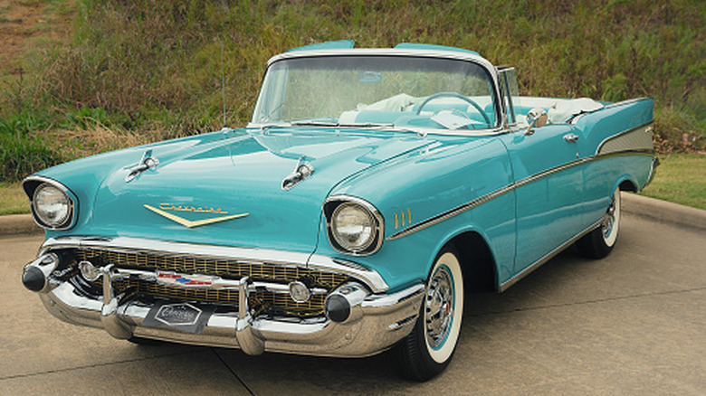 Westlake, United States - October 21, 2017: Front side view of an aqua color 1957 Chevrolet Bel Air convertible classic car.
