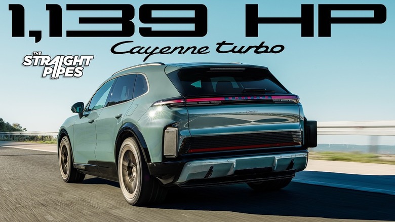 A screenshot from a Straight Pipes video showing the new Porsche Cayenne Turbo EV with its 1,130 horsepower number at the top
