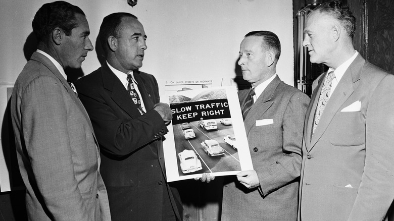 Slow traffic keep right, 03 January 1952. Chief H.W Hutchison (of Santa Monica);Chief William H. Parker;Russell Emmett (Inspector, California highway patro);B.C Caldwell (Deputy Chief, Head of Los Angeles Traffic Bureau).. (Photo by Los Angeles Examiner/USC Libraries/Corbis via Getty Images)