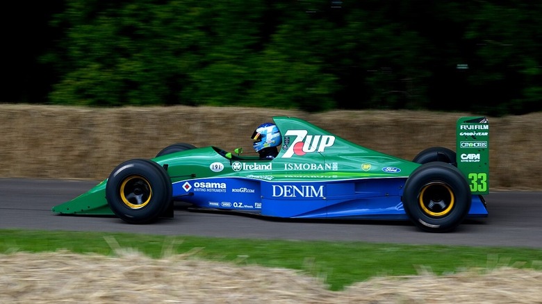 The green 7up livery sported on Eddie Jordan's Jordan 191 F1 car, pictured at the Goodwood Festival of Speed 2012.