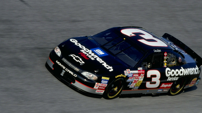 Dale Earnhardt's No. 3 iconic black GM Goodwrench livery on his Chevrolet Monte Carlo, while on track.