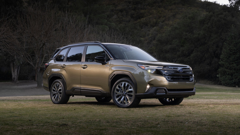 Medium wide shot of 2025 Subaru Forester Hybrid parked in a clearing in front of a forest.