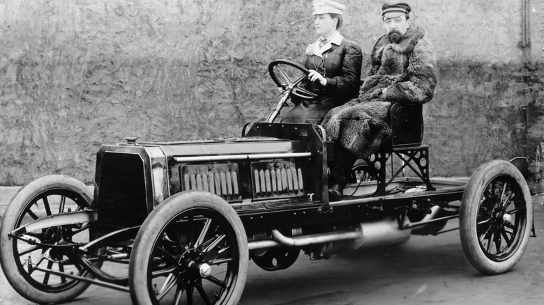 Madame du Gaste and Monsieur Barbarou in a Benz Parsifal, 1903. The new Parsifal was the first Benz with a vertical two-cylinder engine. Camille du Gaste was France's first woman racing driver. (Photo by National Motor Museum/Heritage Images/Getty Images)