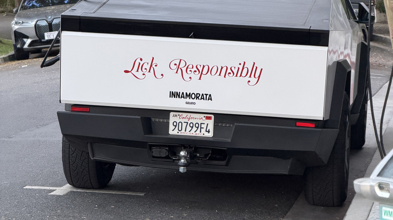 Rear end of a white Tesla Cybertruck