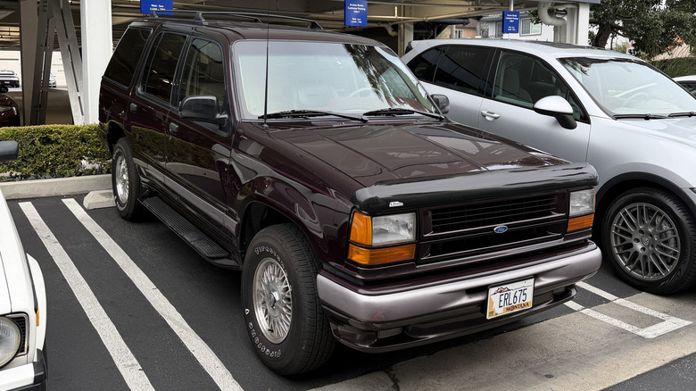 Front 3/4 view of a maroon Ford Explorer