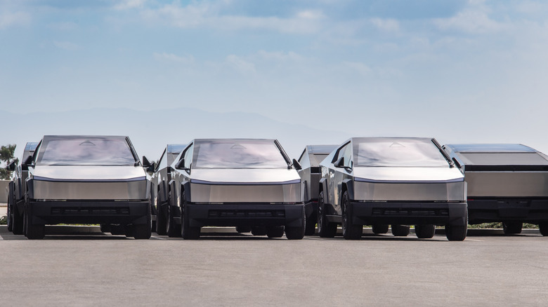 Tesla electric Cybertrucks at Upland, CA sales, delivery and service center.