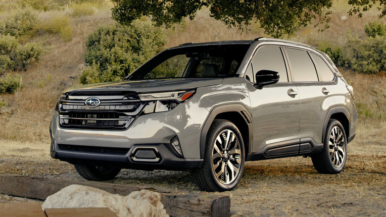 A silver Subaru Forester parked under a tree