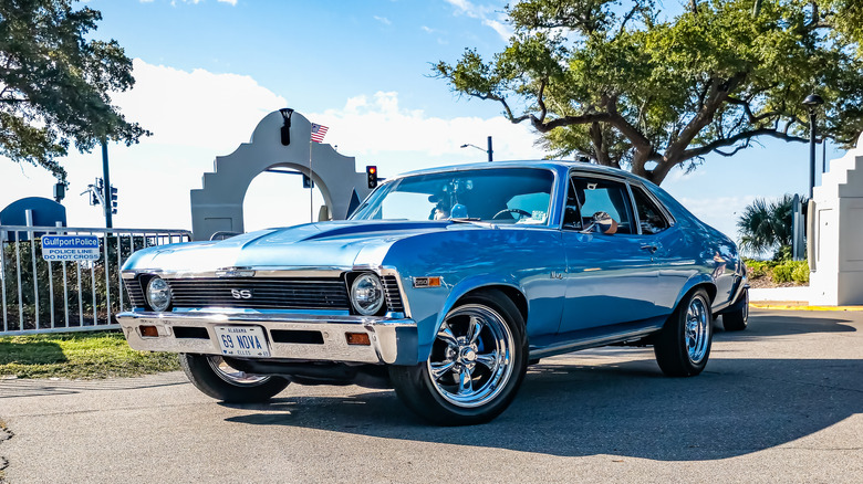 Gulfport, MS - October 02, 2023: Low perspective front corner view of a 1969 Chevrolet Nova SS Hardtop Coupe at a local car show.