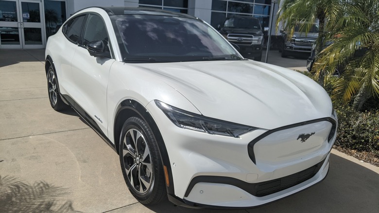 A white Ford Mustang Mach-E in a dealership lot